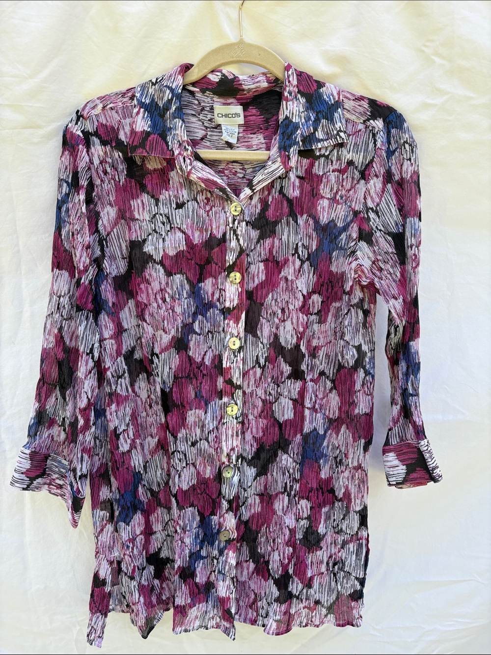 Chico's Silk Floral-Print Blouse in Pink, Black & White